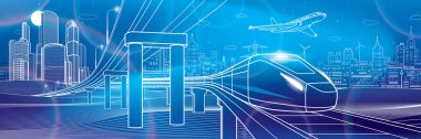Ana yol köprüsü. Araba üst geçidi. Tren yolculukları. Uçak uçar. Modern kasaba. Şehir Altyapısı ve ulaşım illüstrasyonları. Şehir manzarası. Vektör tasarım sanatı. Mavi neon arkaplanda beyaz çizgiler