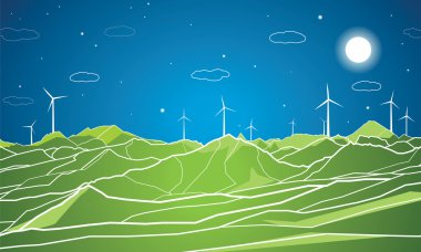 vektör ekoloji panorama, dağ manzarası, yeldeğirmenleri