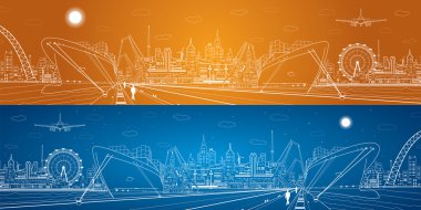 vektör endüstriyel kargo Liman Panoraması, vektör yatay, gece şehir hatları, su üzerinde gemi