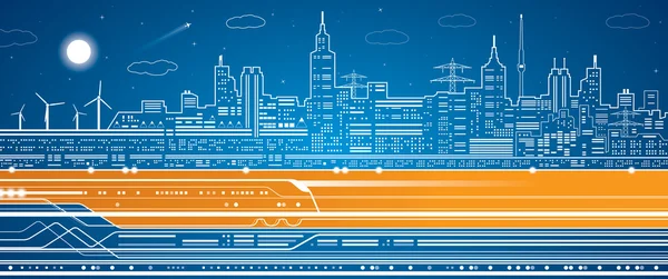 Vector lines train, train on the background of the light city, train go — Stock Vector