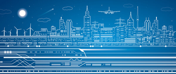 Vector lines train, train on the background of the light city, train go, airplane fly
