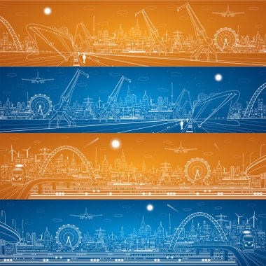 vector industriële lading poort en vervoer panorama, vector lijnen landschap, nacht city, airlane vliegen, vector design