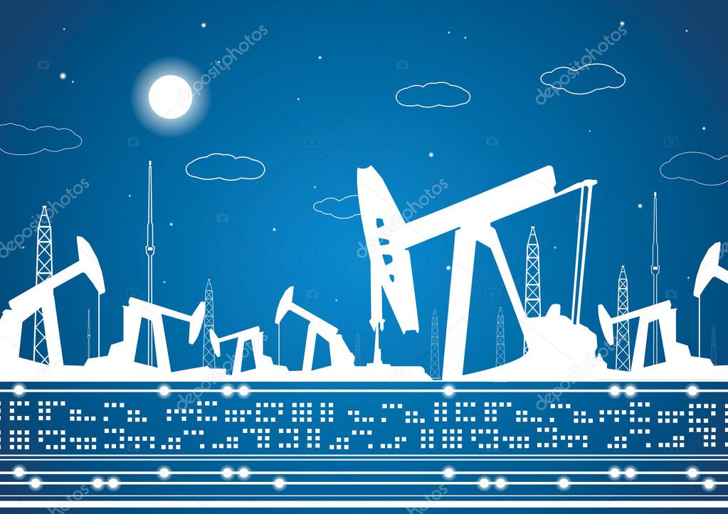 Petroleum panorama, industrial landscape, power plant, vector lines design