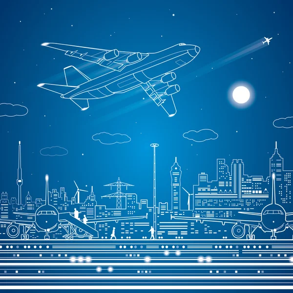 Aeropuerto, mosca del avión, infraestructura de la ciudad, escena de diseño de líneas vectoriales — Vector de stock