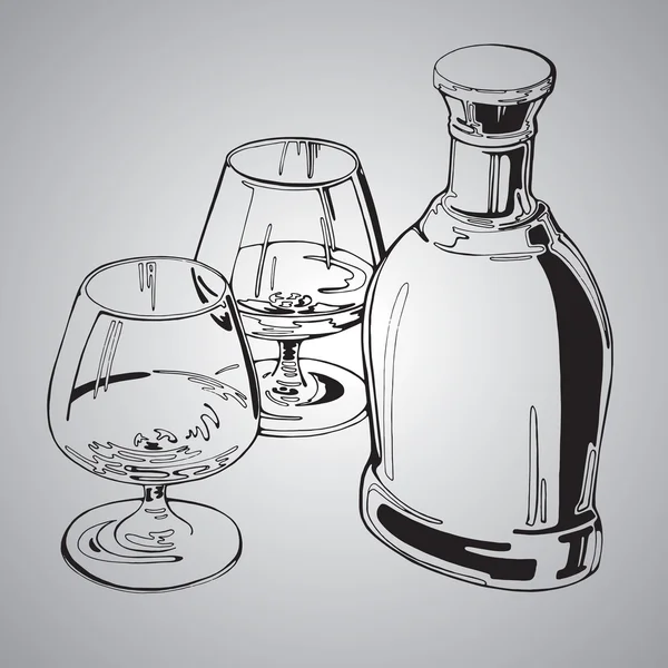 Vektorzeichnung Illustration, Flasche Schnaps und zwei Gläser — Stockvektor