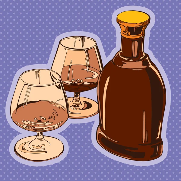 Vector draw illustration, bottle of brandy and two glasses — Stock Vector