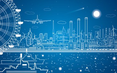 Dönme dolap, ön planda gemiler, vektör çizgileri sudaki elektrik santrali, endüstriyel vektör tasarımı.