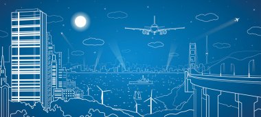 Şehrin sanayi manzarası, deniz bölmesi, yol ve köprü, uçak sineği