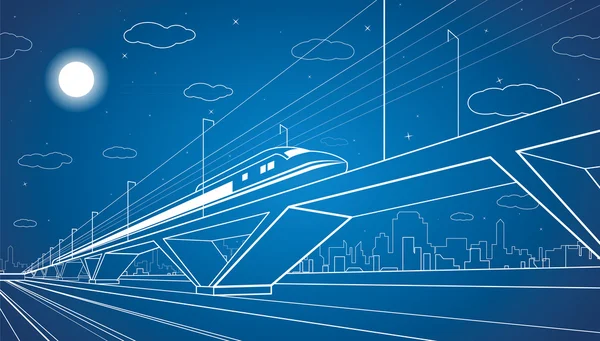 Поезд на мосту, динамичный состав, векторная промышленная и транспортная панорама, ландшафт векторных линий, ночной город, векторное проектирование — стоковый вектор