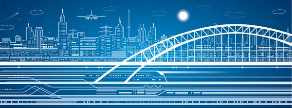 Líneas vectoriales tren, tren en el puente, ciudad luz de fondo, movimiento de tren, volar avión, infraestructura — Vector de stock