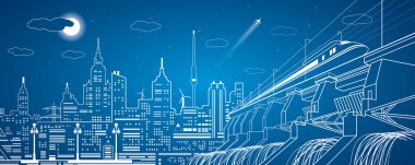 Hidro elektrik santrali, tren hareket Köprüsü, gece city, neon çizgiler, baraj, vektör tasarımı