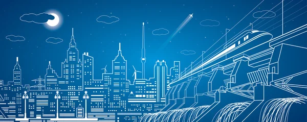 Hidro elektrik santrali, tren hareket Köprüsü, gece city, neon çizgiler, baraj, vektör tasarımı