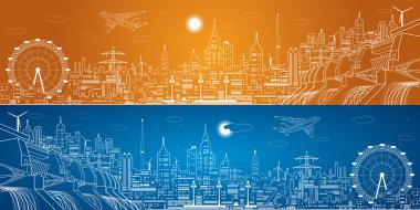 Enerji panoraması, hidroelektrik santrali, gece şehri, neon hatları, baraj, vektör tasarımı