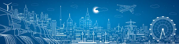 Enerji panoraması, hidroelektrik santrali, gece şehri, neon hatları, baraj, vektör tasarımı