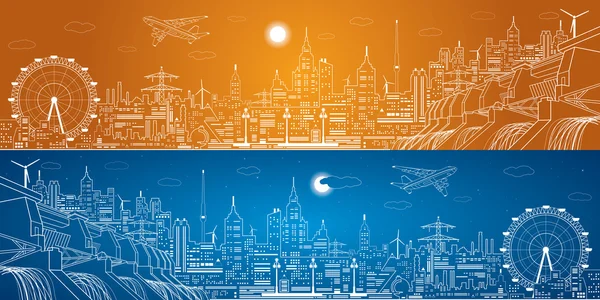 Enerji panoraması, hidroelektrik santrali, gece şehri, neon hatları, baraj, vektör tasarımı