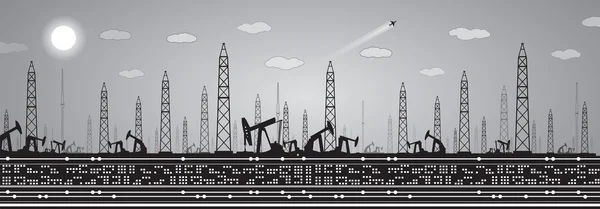 Petroleum panorama, industrial landscape, power plant, vector lines design, grey illustration — Stock Vector