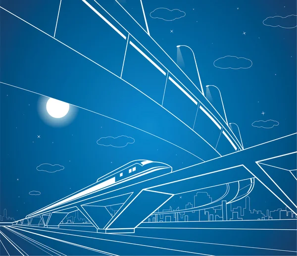 Train on the bridge, car overpass, vector industrial and transport composition, night city, vector design — Stock Vector