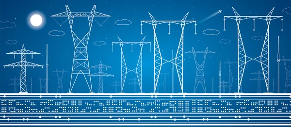 Energiepanorama, Hochspannungsleitungen, Industrievektordesign — Stockvektor
