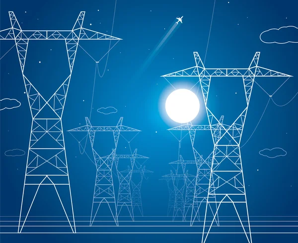 Noche, panorama energético, líneas eléctricas, diseño de vectores industriales — Vector de stock
