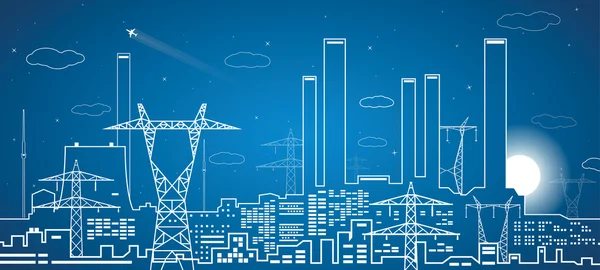 Vektör hatları elektrik santrali, elektrik hatları, endüstriyel vektör tasarımı, altyapı