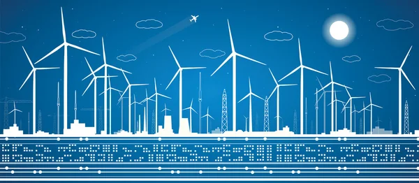 Paesaggio energetico, panorama di potenza, mulini a vento linee vettoriali, industriali — Vettoriale Stock