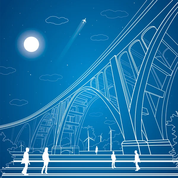 Vector big bridge, arch bridge, vector lines garden, people, vector art — Stock Vector