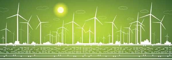 Energielandschap eco panorama, windmolens, vector lijnen — Stockvector