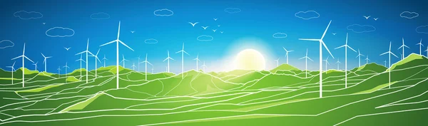 Vector ecology panorama, mountains landscape, windmills, blue sky and green open spaces — Stock Vector