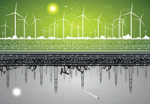 Vector energi panorama, grön energi och förorenande energi, väderkvarnar och ekologi mot oljeplattformar och petroleum — Stockfoto
