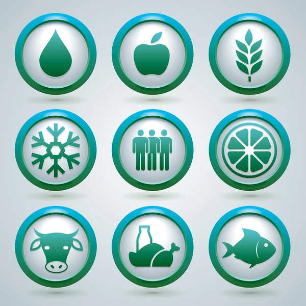 Food, fruit, meat, and fish vector icons set, design, nine web buttons — Stock Vector