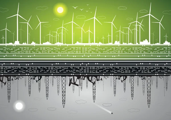 Panorama energético vectorial, energía verde y energía contaminante, molinos de viento y ecología contra plataformas petrolíferas y petróleo — Archivo Imágenes Vectoriales