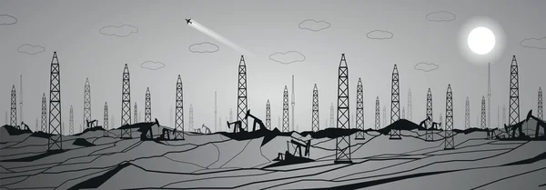 Panorama petrolio, paesaggio industriale, centrale elettrica, progettazione linee vettoriali, illustrazione grigia — Vettoriale Stock