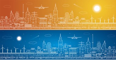 Vektör satırları şehir panoraması, ışık şehir, uçak uçar, vektör tasarımı, gün ve gece