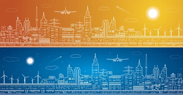 Vector lines city panorama, light town, airplane flies, vector design, day and night — Stock Vector