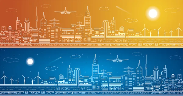 Vector lines city panorama, light town, airplane flies, vector design, dia e noite — Vetor de Stock