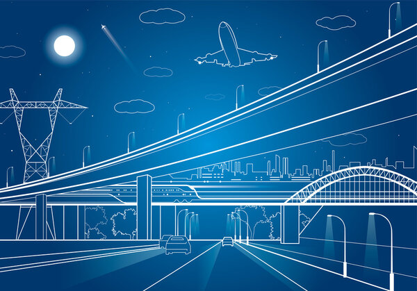 Car overpass, infrastructure, urban plot, the plane takes off