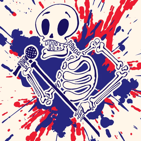 Skeleton with a microphone in hand, paint explosion on background — Stock Vector