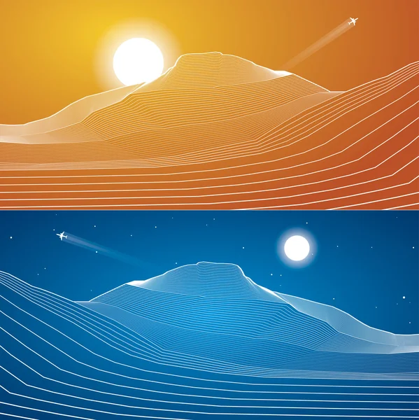 Lignes blanches, dunes de sable, montagnes, désert, composition abstraite, fond vectoriel — Image vectorielle