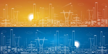 Satırları santral panorama, enerji hatları, endüstriyel vektör tasarımı, altyapı, gece ve gündüz vektör