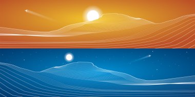 White lines, sand dunes, mountains, desert, abstraction composition, panorama,vector design background, day and night clipart