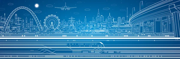 Vektor Industrie- und Transportpanorama, Vektor-Linien Technologie Landschaft, Tag und Nacht Stadt — Stockvektor