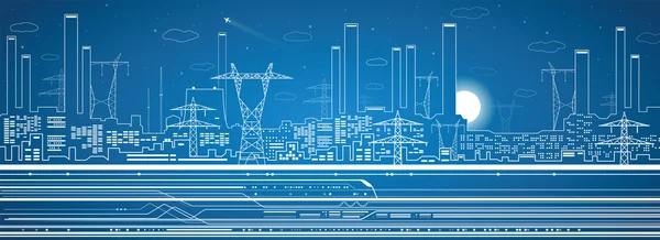 Vektör satırları enerji santrali, tren, taşıma panorama, endüstriyel vektör tasarımı, altyapı