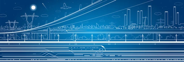 Paso elevado del coche, panorama industrial, infraestructura, parcela urbana, movimiento del tren — Vector de stock