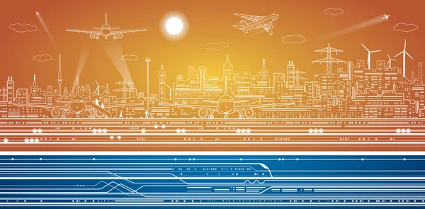 Airport panorama, vector city infrastructure, train move — Stock Vector
