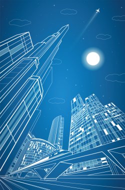 Train move on the bridge, dynamic composition, night city on background, vector industrial and transport illustration, vector lines landscape, night town, vector design