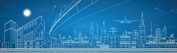 Vista panorámica de la ciudad, ciudad nocturna, paisaje de infraestructura, despegue de aviones, sobrevuelo, diseño de vectores — Vector de stock