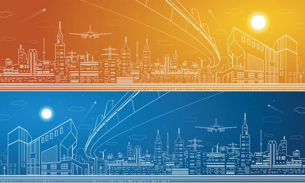 Panorama da cidade, cidade noturna, paisagem de infraestrutura, aviões decolam, sobrevoo, projeto vetorial, dia e noite —  Vetores de Stock