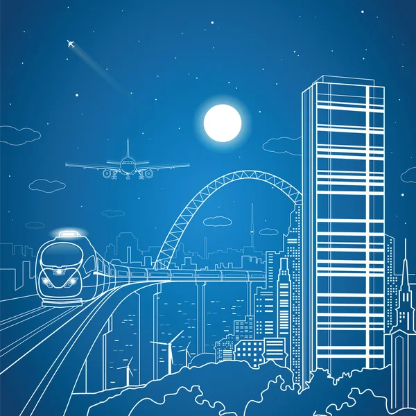 City and transport composition, vector lines landscape, night town, airplane fly, train on the bridge, vector design — Stock Vector