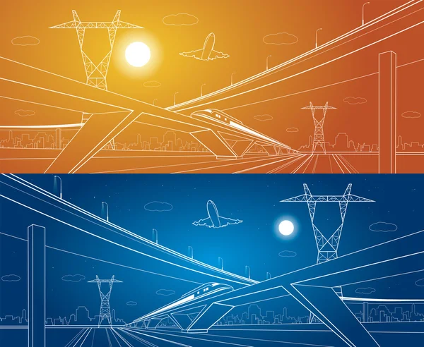 Parcela urbana, movimiento del tren en el puente, arte de diseño de vectores — Archivo Imágenes Vectoriales