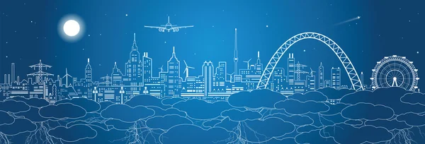 Ciudad nocturna en las nubes, ilustración de diseño vectorial — Vector de stock